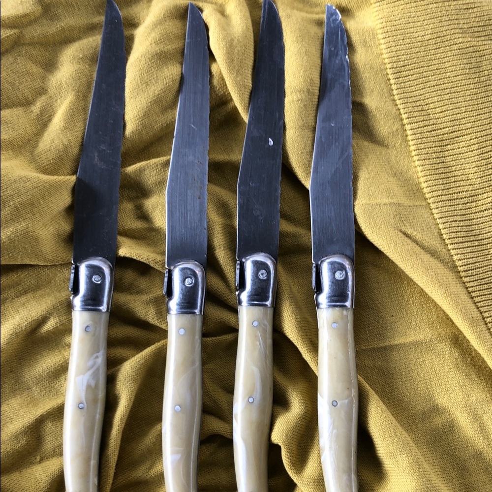Laguiole Cream Handle Serrated Steak Knives with Silver Accents total of 4.